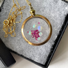 Carica l'immagine nel visualizzatore di Gallery, Antique Gold & Glass Shaker Locket Pendant Filled with Opals & Rubies