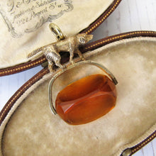 Cargar imagen en el visor de la galería, Antique Gold & Citrine Spinner Watch Fob, Hunting Dog - MercyMadge