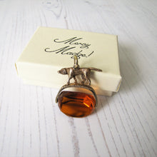 Cargar imagen en el visor de la galería, Antique Gold & Citrine Spinner Watch Fob, Hunting Dog - MercyMadge
