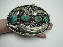 Charger l'image dans la galerie, Huge Native American Silver & Turquoise Trophy Belt Buckle - MercyMadge