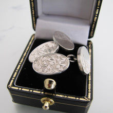 Cargar imagen en el visor de la galería, Antique English Sterling Silver Cufflinks. Edwardian Victorian Engraved Oval Cuff Links. - MercyMadge