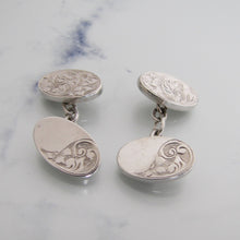Cargar imagen en el visor de la galería, Antique English Sterling Silver Cufflinks. Edwardian Victorian Engraved Oval Cuff Links. - MercyMadge