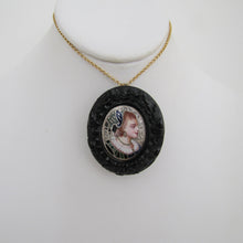 Cargar imagen en el visor de la galería, Antique Whitby Jet Enameled Silver Portrait Pendant/Brooch - MercyMadge