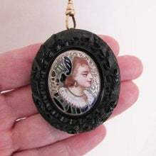 Cargar imagen en el visor de la galería, Antique Whitby Jet Enameled Silver Portrait Pendant/Brooch - MercyMadge