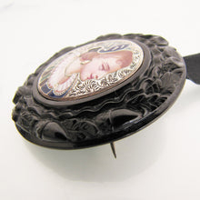 Cargar imagen en el visor de la galería, Antique Whitby Jet Enameled Silver Portrait Pendant/Brooch - MercyMadge