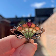 Carica l'immagine nel visualizzatore di Gallery, Antique Art Nouveau Plique A Jour Enamel Brooch. Gold Silver Gilt, Pink Tourmaline & Pearl Drop Brooch. Levinger Bissinger Jewelry, Germany