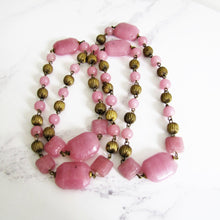 Cargar imagen en el visor de la galería, Czech Art Deco Long Rose Quartz Necklace, Chinoiserie Pressed Glass Beads. - MercyMadge