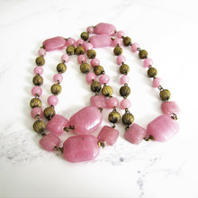 Cargar imagen en el visor de la galería, Czech Art Deco Long Rose Quartz Necklace, Chinoiserie Pressed Glass Beads. - MercyMadge