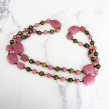 Cargar imagen en el visor de la galería, Czech Art Deco Long Rose Quartz Necklace, Chinoiserie Pressed Glass Beads. - MercyMadge
