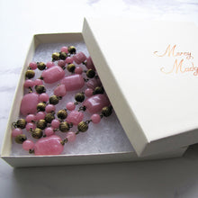 Cargar imagen en el visor de la galería, Czech Art Deco Long Rose Quartz Necklace, Chinoiserie Pressed Glass Beads. - MercyMadge