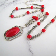 Cargar imagen en el visor de la galería, Antique Red Coral Glass Lavalier Pendant Necklace, Sterling Silver - MercyMadge