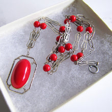 Cargar imagen en el visor de la galería, Antique Red Coral Glass Lavalier Pendant Necklace, Sterling Silver - MercyMadge