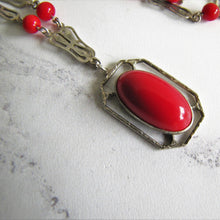 Cargar imagen en el visor de la galería, Antique Red Coral Glass Lavalier Pendant Necklace, Sterling Silver - MercyMadge
