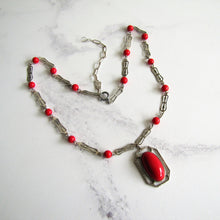 Cargar imagen en el visor de la galería, Antique Red Coral Glass Lavalier Pendant Necklace, Sterling Silver - MercyMadge