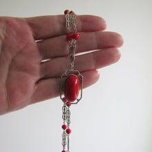 Cargar imagen en el visor de la galería, Antique Red Coral Glass Lavalier Pendant Necklace, Sterling Silver - MercyMadge
