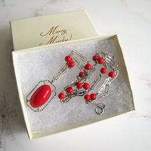 Cargar imagen en el visor de la galería, Antique Red Coral Glass Lavalier Pendant Necklace, Sterling Silver - MercyMadge