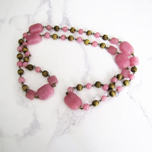 Cargar imagen en el visor de la galería, Czech Art Deco Long Rose Quartz Necklace, Chinoiserie Pressed Glass Beads. - MercyMadge
