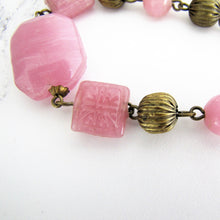 Cargar imagen en el visor de la galería, Czech Art Deco Long Rose Quartz Necklace, Chinoiserie Pressed Glass Beads. - MercyMadge