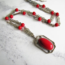Cargar imagen en el visor de la galería, Antique Red Coral Glass Lavalier Pendant Necklace, Sterling Silver - MercyMadge