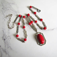 Cargar imagen en el visor de la galería, Antique Red Coral Glass Lavalier Pendant Necklace, Sterling Silver - MercyMadge