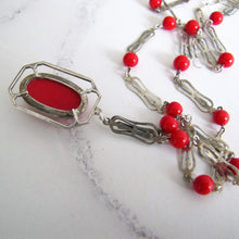 Cargar imagen en el visor de la galería, Antique Red Coral Glass Lavalier Pendant Necklace, Sterling Silver - MercyMadge