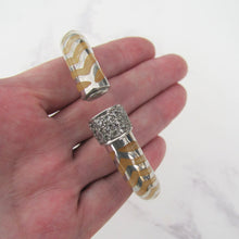 Charger l'image dans la galerie, Vintage Angelique de Paris French Designer Bangle. Sterling Silver & Yellow Lucite Chevron Bracelet. White Gem Set Hinged Clamper Bangle