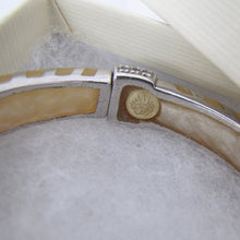 Charger l'image dans la galerie, Vintage Angelique de Paris French Designer Bangle. Sterling Silver & Yellow Lucite Chevron Bracelet. White Gem Set Hinged Clamper Bangle