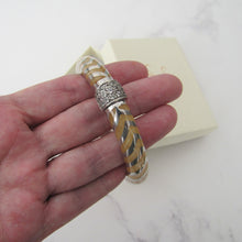 Charger l'image dans la galerie, Vintage Angelique de Paris French Designer Bangle. Sterling Silver & Yellow Lucite Chevron Bracelet. White Gem Set Hinged Clamper Bangle