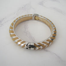 Charger l'image dans la galerie, Vintage Angelique de Paris French Designer Bangle. Sterling Silver & Yellow Lucite Chevron Bracelet. White Gem Set Hinged Clamper Bangle