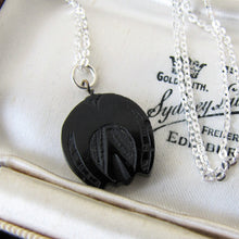 Charger l'image dans la galerie, Victorian Whitby Jet Horseshoe Charm Pendant, Silver Chain. - MercyMadge