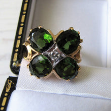 Cargar imagen en el visor de la galería, Vintage 4ct Tsavorite Garnet & Diamond Ring. 14ct Gold, 4 Stone Green Gemstone Shamrock/Flower Ring With Certification/Valuation