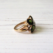 Cargar imagen en el visor de la galería, Vintage 4ct Tsavorite Garnet & Diamond Ring. 14ct Gold, 4 Stone Green Gemstone Shamrock/Flower Ring With Certification/Valuation