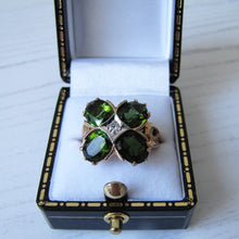 Cargar imagen en el visor de la galería, Vintage 4ct Tsavorite Garnet & Diamond Ring. 14ct Gold, 4 Stone Green Gemstone Shamrock/Flower Ring With Certification/Valuation