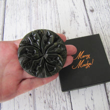 Load image into Gallery viewer, Huge 1930s Deep Carved Bakelite Flower Brooch. Vintage Art Deco Statement Brooch. Green Creamed Spinach Bakelite Orchid Brooch