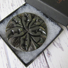 Load image into Gallery viewer, Huge 1930s Deep Carved Bakelite Flower Brooch. Vintage Art Deco Statement Brooch. Green Creamed Spinach Bakelite Orchid Brooch