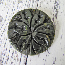 Load image into Gallery viewer, Huge 1930s Deep Carved Bakelite Flower Brooch. Vintage Art Deco Statement Brooch. Green Creamed Spinach Bakelite Orchid Brooch