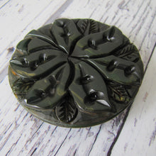 Load image into Gallery viewer, Huge 1930s Deep Carved Bakelite Flower Brooch. Vintage Art Deco Statement Brooch. Green Creamed Spinach Bakelite Orchid Brooch