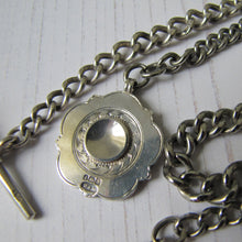 Charger l'image dans la galerie, Antique Victorian Sterling Silver Double Albert Watch Chain With Tudor Rose Fob. Heavy English Curb Chain Necklace, T-Bar, Dog Clip, Pendant