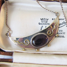 Cargar imagen en el visor de la galería, Antique Edwardian Amethyst Bib Necklace. Arts & Crafts Gold, Silver Amethyst Crescent Necklace. Sterling Silver Amethyst Necklace