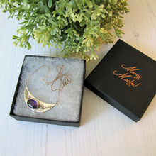 Cargar imagen en el visor de la galería, Antique Edwardian Amethyst Bib Necklace. Arts & Crafts Gold, Silver Amethyst Crescent Necklace. Sterling Silver Amethyst Necklace