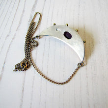 Cargar imagen en el visor de la galería, Antique Edwardian Amethyst Bib Necklace. Arts & Crafts Gold, Silver Amethyst Crescent Necklace. Sterling Silver Amethyst Necklace