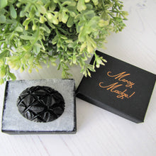 Lade das Bild in den Galerie-Viewer, Antique Victorian Whitby Jet Pineapple Brooch. English Jet Gemstone Deep Carved Dome Brooch. Antique Victorian Mourning Jewellery