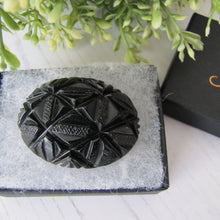 Lade das Bild in den Galerie-Viewer, Antique Victorian Whitby Jet Pineapple Brooch. English Jet Gemstone Deep Carved Dome Brooch. Antique Victorian Mourning Jewellery