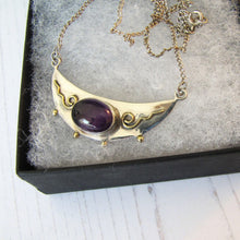 Cargar imagen en el visor de la galería, Antique Edwardian Amethyst Bib Necklace. Arts & Crafts Gold, Silver Amethyst Crescent Necklace. Sterling Silver Amethyst Necklace