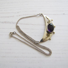 Cargar imagen en el visor de la galería, Antique Edwardian Amethyst Bib Necklace. Arts & Crafts Gold, Silver Amethyst Crescent Necklace. Sterling Silver Amethyst Necklace