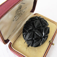 Lade das Bild in den Galerie-Viewer, Antique Victorian Whitby Jet Pineapple Brooch. English Jet Gemstone Deep Carved Dome Brooch. Antique Victorian Mourning Jewellery