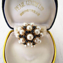 Charger l'image dans la galerie, Vintage 14ct Pearl & Sapphire Cluster Bombé Ring. Huge 1970s Yellow Gold Cultured Pearl Cocktail Statement Ring, Size P/UK, 7-3/4 US