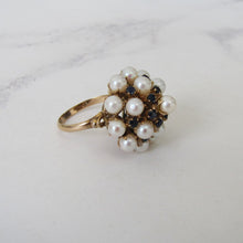 Charger l'image dans la galerie, Vintage 14ct Pearl & Sapphire Cluster Bombé Ring. Huge 1970s Yellow Gold Cultured Pearl Cocktail Statement Ring, Size P/UK, 7-3/4 US