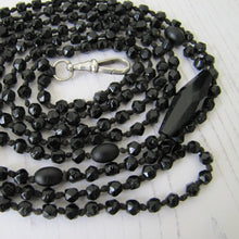 Charger l'image dans la galerie, Antique Victorian French Jet Bead Guard Chain. Long Vauxhall Glass Mourning Chain With Silver Dog-Clip. Muff, Lorgnette Sautoir Necklace,