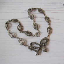 Cargar imagen en el visor de la galería, Antique Art Deco Sterling Silver & Marcasite Necklace. Art Nouveau Floral Ribbon Short Choker Necklace.